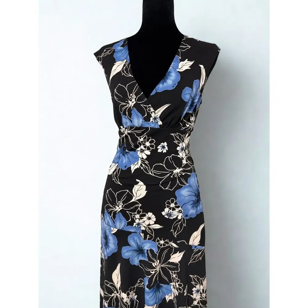 Vtg Y2K Byer Too Black Sleeveless Surplice Wrap Dress Blue Floral Print Size M